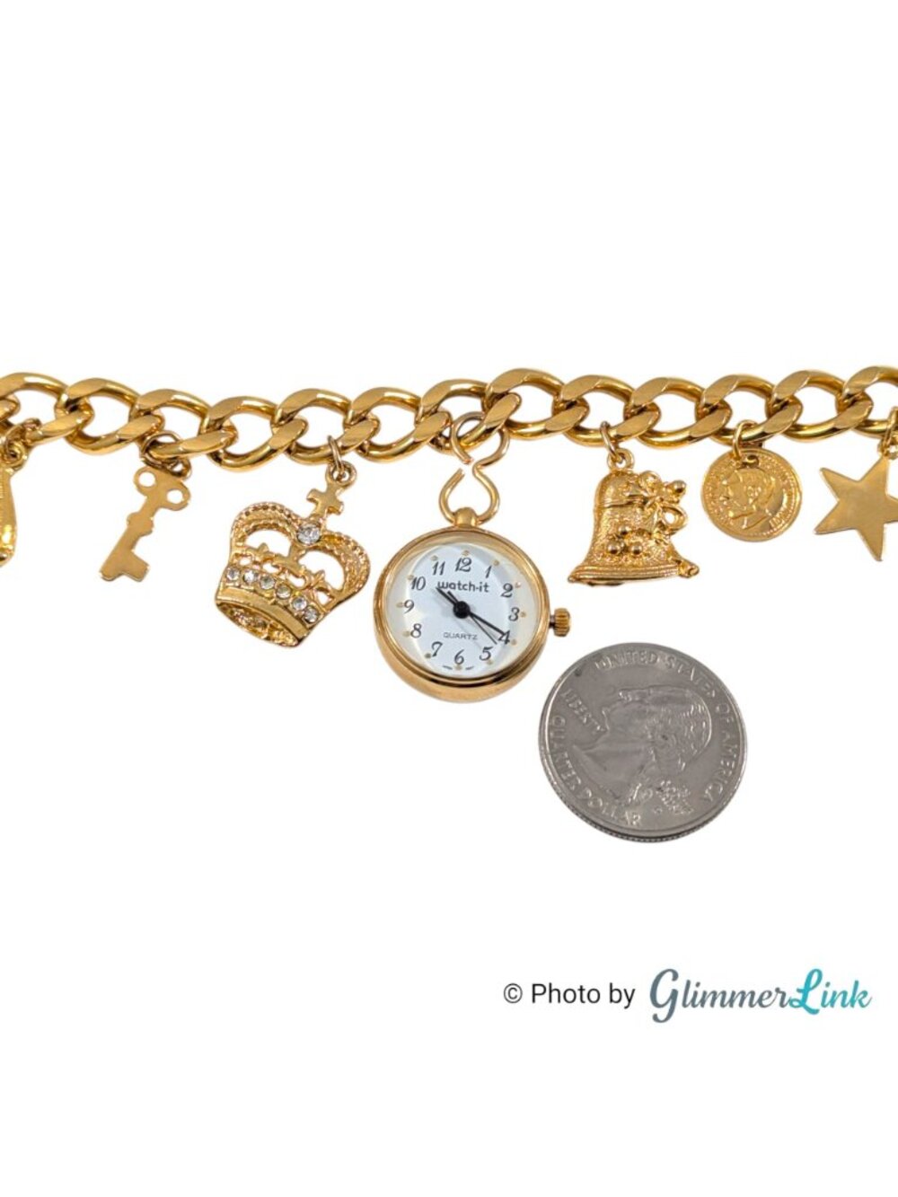 Vintage Watch-It Gold Tone Charm Bracelet Watch Rhinestone Crown Heart 7 1/2" - Picture 8 of 11